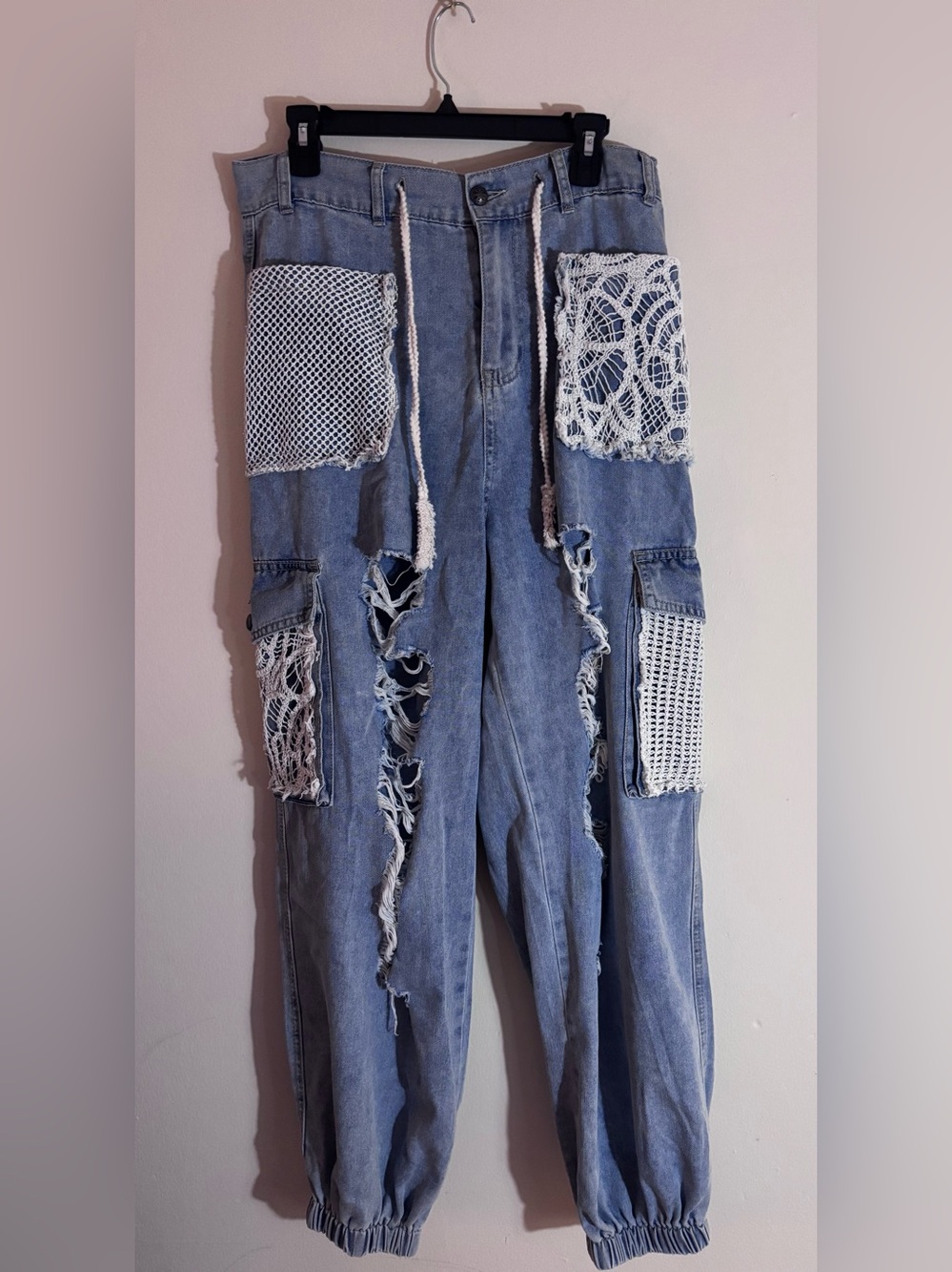 POL Cloud Blue Distressed Crochet Patch Cargo Jogger Denim Women’s Pants M Boho